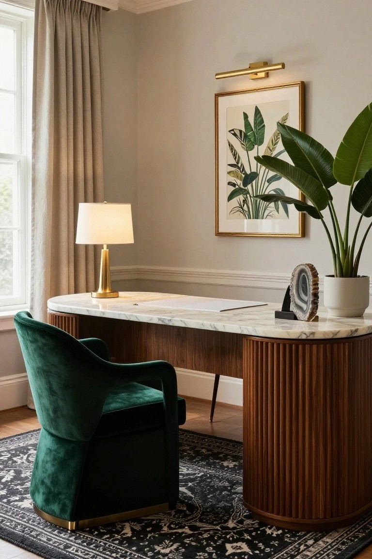 Home office interior with curved white marble-top desk on fluted wooden pedestal, emerald green velvet armchair, brass table lamp, agate geode on desk, potted plant, framed botanical art, and beige drapes on window over gray patterned rug.