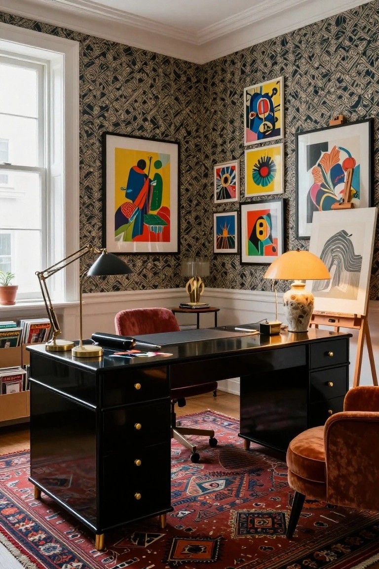 Home office interior with dark navy patterned wallpaper on walls, multiple colorful abstract paintings and prints in yellow, blue, red, and green, glossy black lacquer desk with brass knobs, red velvet chairs, brass desk lamp, orange lamp, and red oriental rug on wood floor.
