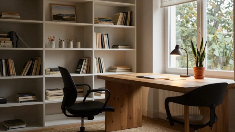 A home office corner with a light wooden desk featuring drawers over a radiator, black swivel chair, stacked books and shelves, potted plants, a table lamp, and a large window showing trees outside.