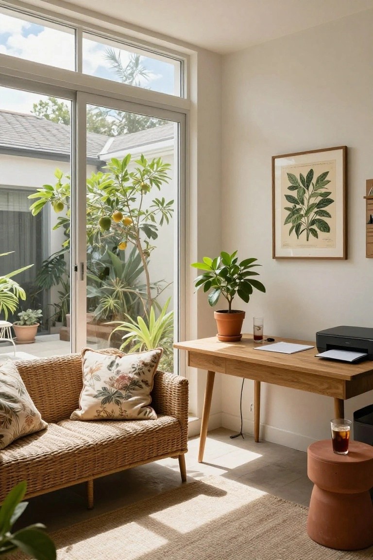 A sunlit home office with a wooden desk, black printer, rattan sofa with floral cushions, potted plants, a framed botanical print on the wall, and large sliding glass doors opening to a courtyard garden with trees, agaves, and citrus plants.