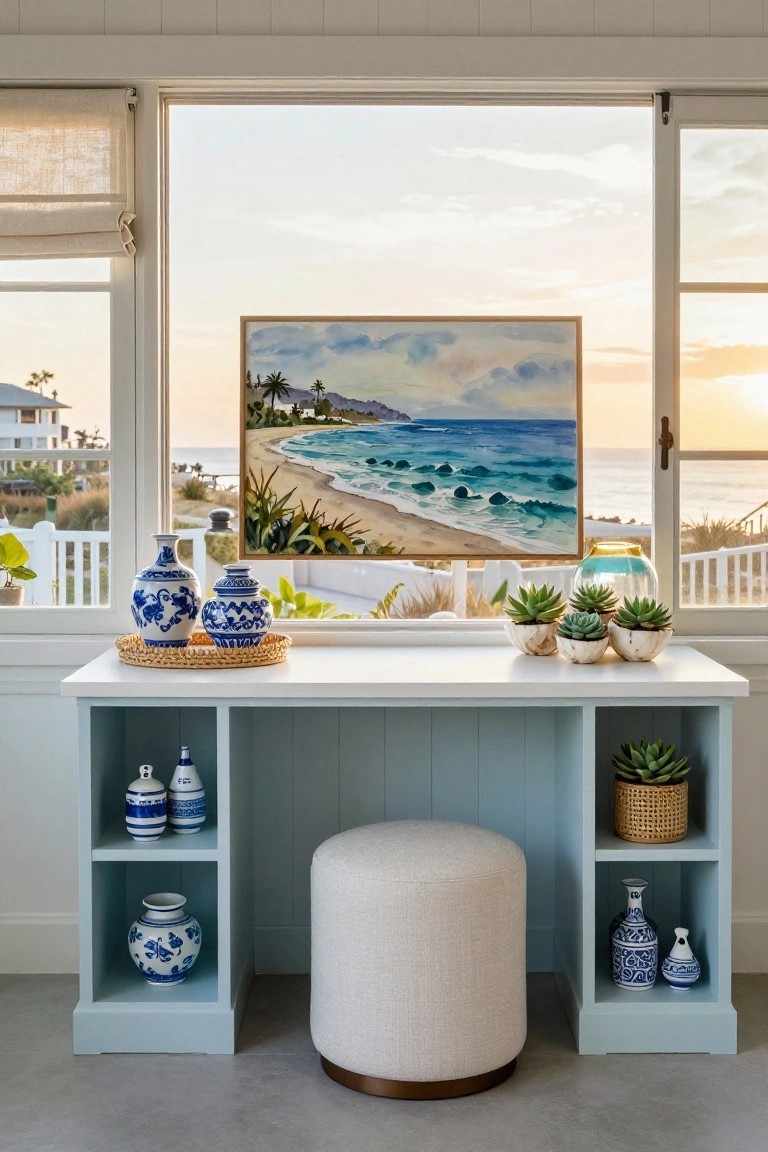 Light blue wooden desk with open shelves displaying blue and white porcelain vases, jars on lower shelves, woven tray with two vases and small white pots of succulents on the desktop, cream pouf stool in front, large windows with beige shades showing framed beach painting and distant ocean view.