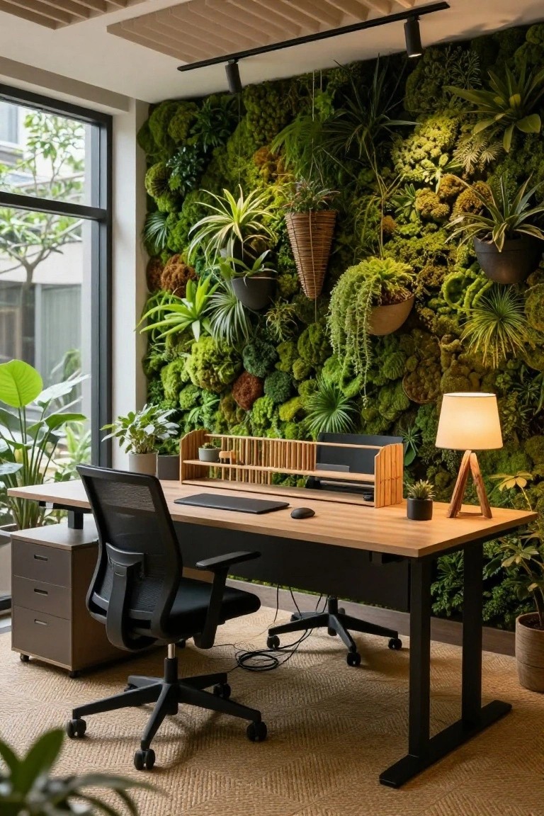 Modern home office with a tall living green wall of moss and plants behind a wooden adjustable desk, mesh office chair, lamp, and potted plants on a seagrass rug.