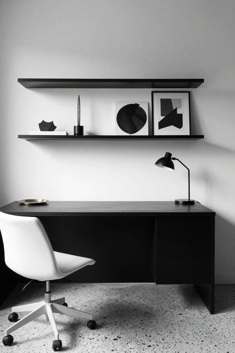 Black floating shelves displaying abstract black-and-white framed artwork, a folded paper sculpture, books, and a vase above a black wooden desk with a brass tray, white molded chair, and black desk lamp in a white room with speckled terrazzo floor.