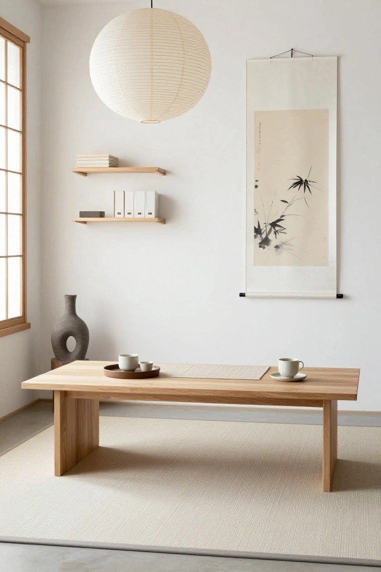 Minimalist indoor room with low rectangular oak wood table holding teacups on trays, gray abstract vase nearby, wooden shelves with books, hanging paper lantern, ink bamboo scroll on wall, and shoji-style window.