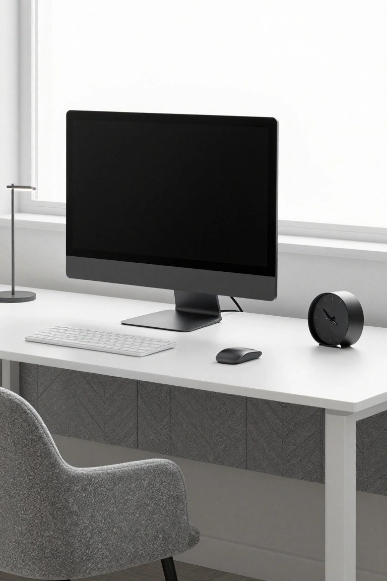 A white desk in a minimalist home office with a black monitor on a stand, white low-profile keyboard, black mouse and round clock, slim arc lamp, and light gray upholstered chair.