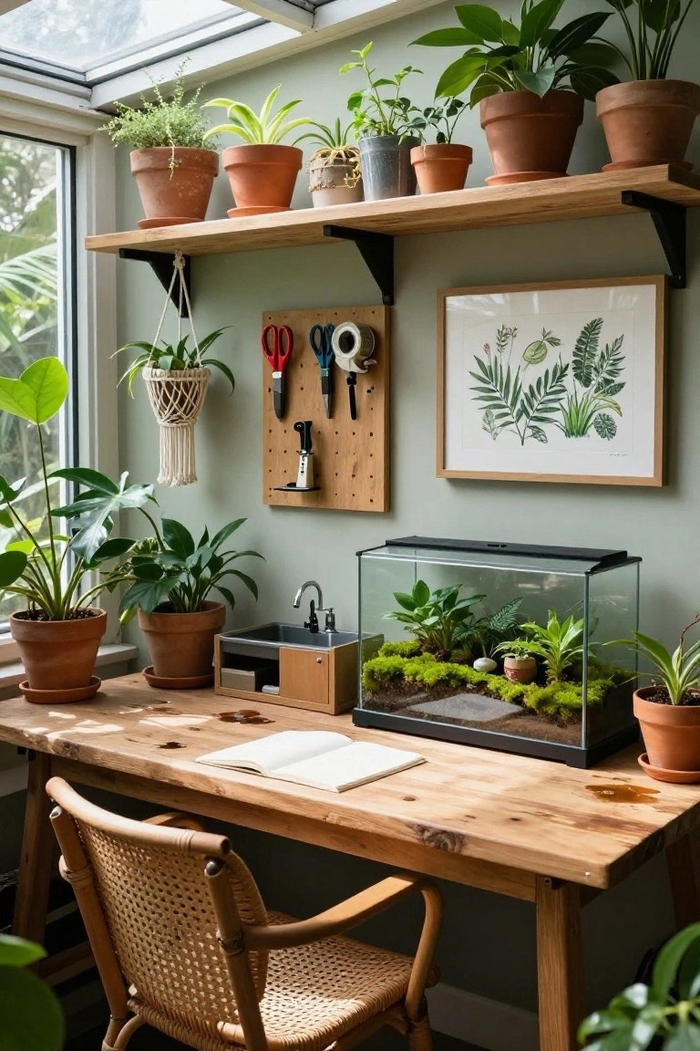 A sunlit home office featuring a wooden desk and rattan chair surrounded by numerous potted plants, hanging planters, shelves, a terrarium, and a pegboard tool organizer against pale green walls under a glass ceiling.