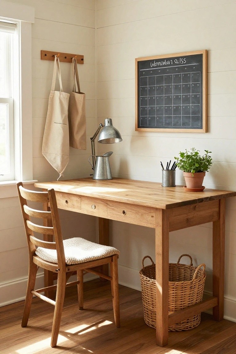 Wooden desk and ladder-back chair in a bright corner room with white shiplap walls, hanging cloth bags, adjustable metal lamp, chalkboard calendar, metal pitcher, potted herb plant, and woven basket on hardwood floor.