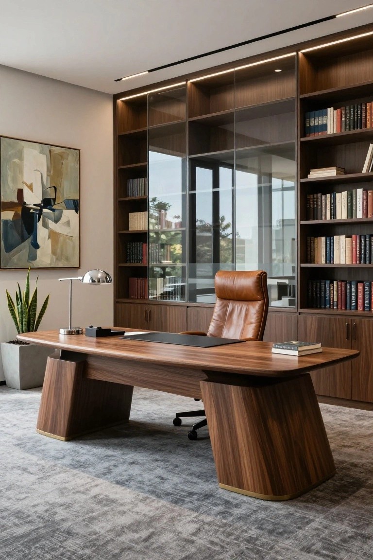 Modern home office interior with a large sculptural walnut desk featuring angled legs, tan leather executive chair, wooden bookshelves with glass panels, potted plant, and windows overlooking trees.