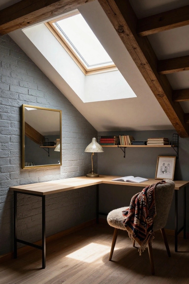 Corner light wood desk with metal legs in an attic room featuring sloped gray brick walls, exposed wooden beams, a large skylight, gold-framed mirror, bookshelves with books, desk lamp, framed photo, and sheepskin chair draped with colorful blanket on wood floor.