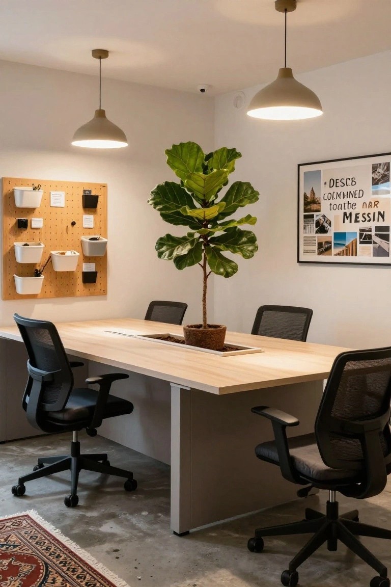 Modern office meeting room with light wooden conference table featuring central built-in rectangular planter holding large fiddle leaf fig plant, black mesh swivel chairs, beige pendant lights, wooden pegboard wall with bins and hooks, potted plant in corner, and rug on concrete floor.