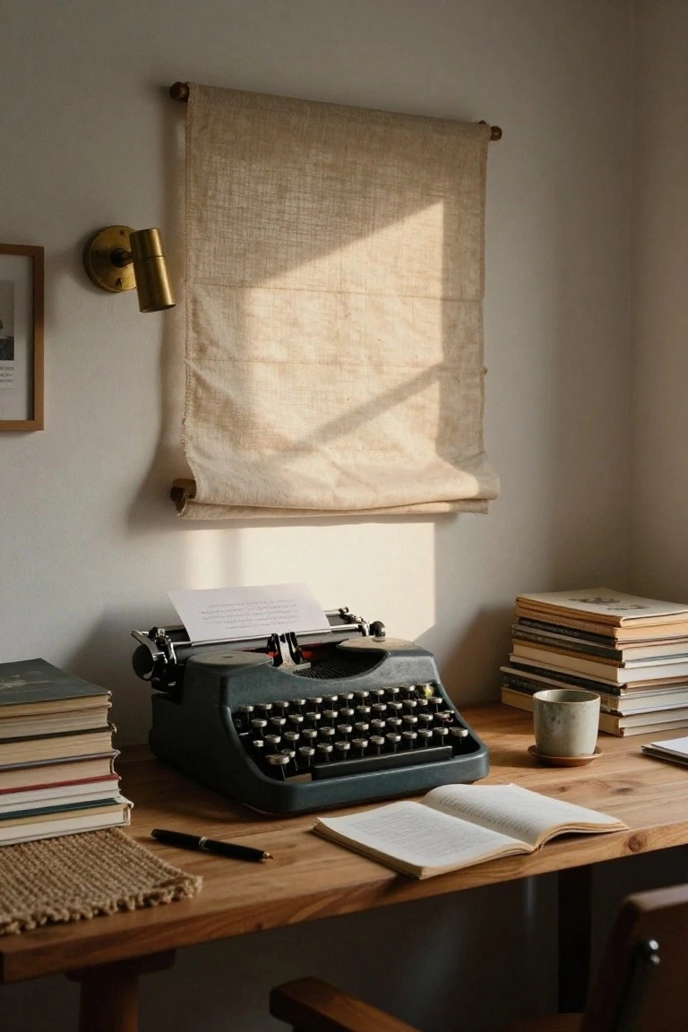 Green vintage typewriter on a wooden desk with stacked books, open book, pen, ceramic mug, and linen scroll hanging on wall in a light-filled office corner.