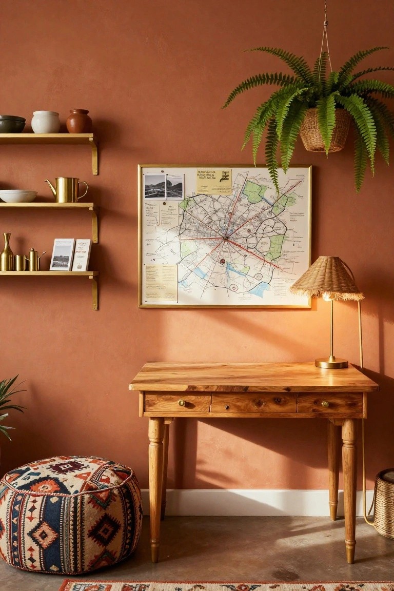 Terracotta-walled room with wooden desk, brass shelves holding pottery and books, framed map on wall, hanging basket plant, rattan lamp, patterned pouf stool, and woven basket on floor.