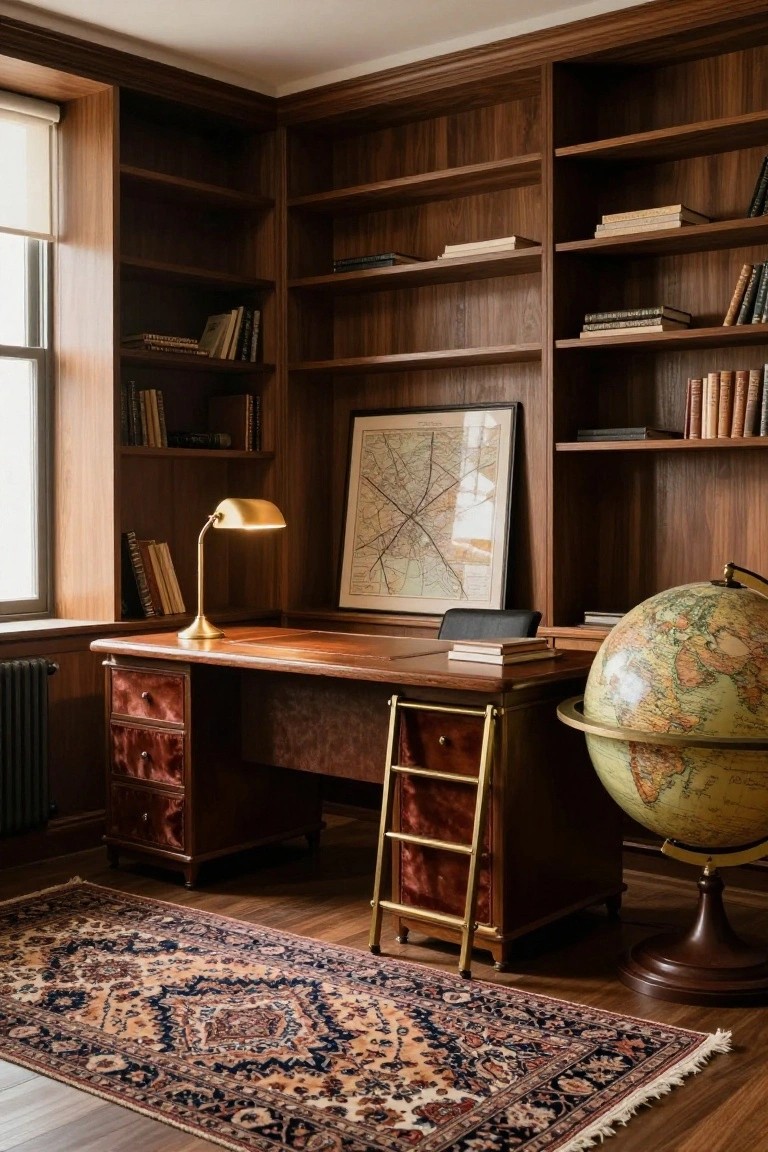 Wood-paneled office with built-in bookshelves, wooden desk, brass banker's lamp, globe, framed map on wall, radiator, and Persian-style rug on hardwood floor.