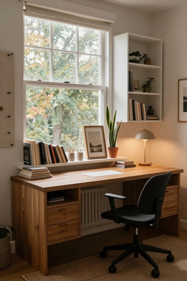 A home office corner with a light wooden desk featuring drawers over a radiator, black swivel chair, stacked books and shelves, potted plants, a table lamp, and a large window showing trees outside.
