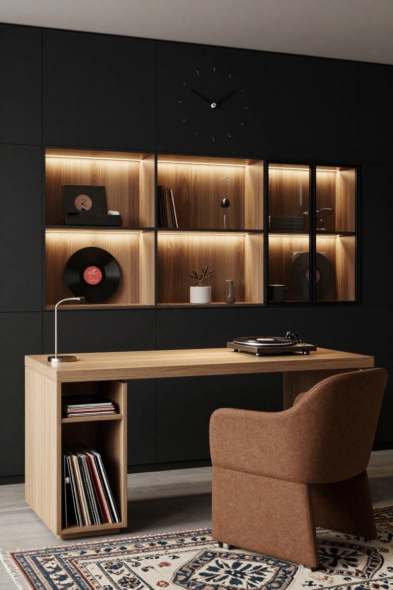 Modern home office featuring black paneled walls with built-in wooden shelves illuminated by LED backlighting, displaying vinyl records, books, and decor, alongside an oak desk with a turntable, desk lamp, and brown upholstered chair on a patterned rug.