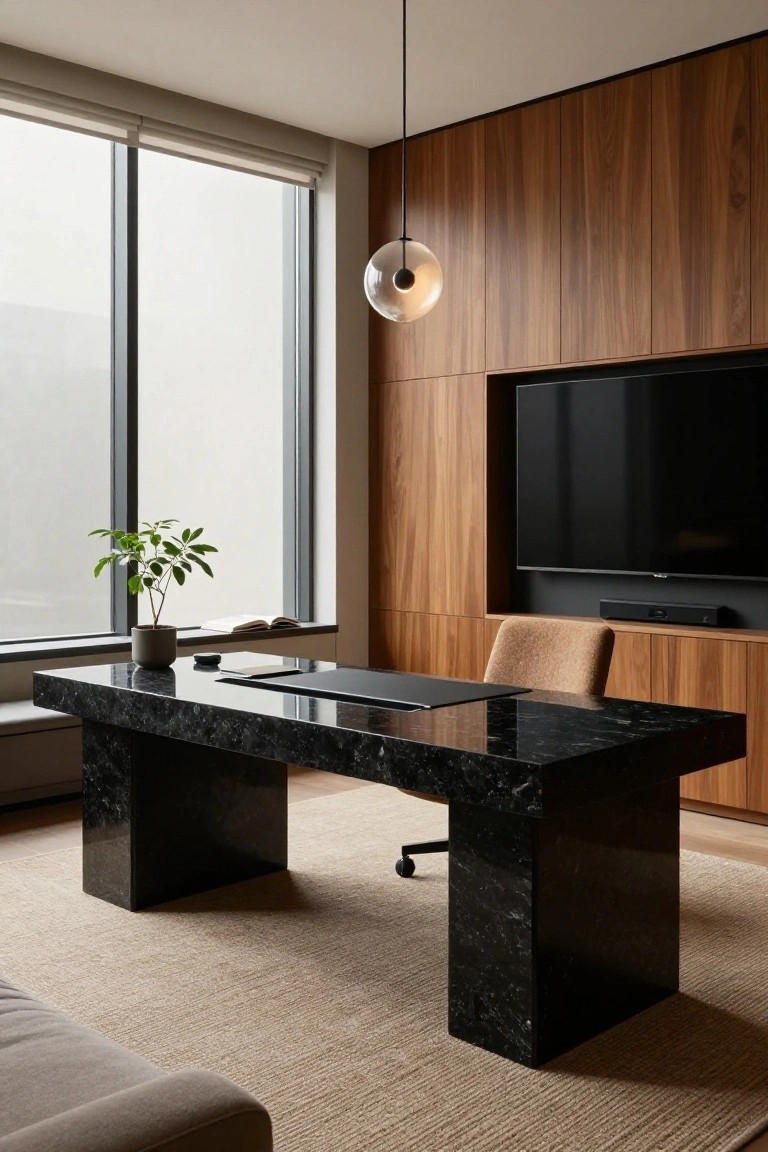 Modern home office with large black marble desk on a light rug, tan swivel chair, wood-paneled walls with built-in TV and shelving, large window with sheer blinds, small potted plant on windowsill.
