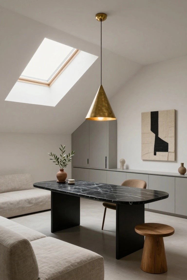 Attic office interior with oval black marble table on black legs, beige modular sofas, wooden stool, gray cabinets, gold conical pendant light from ceiling, skylight, potted olive plant, ceramic vases, and abstract beige and black wall art.