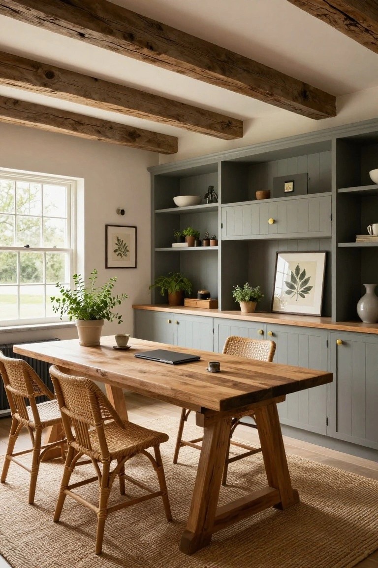 Home office with exposed wooden ceiling beams, tall sage green built-in cabinets featuring open shelves with plants and ceramics, wooden countertop, trestle table with rattan chairs, and a window.