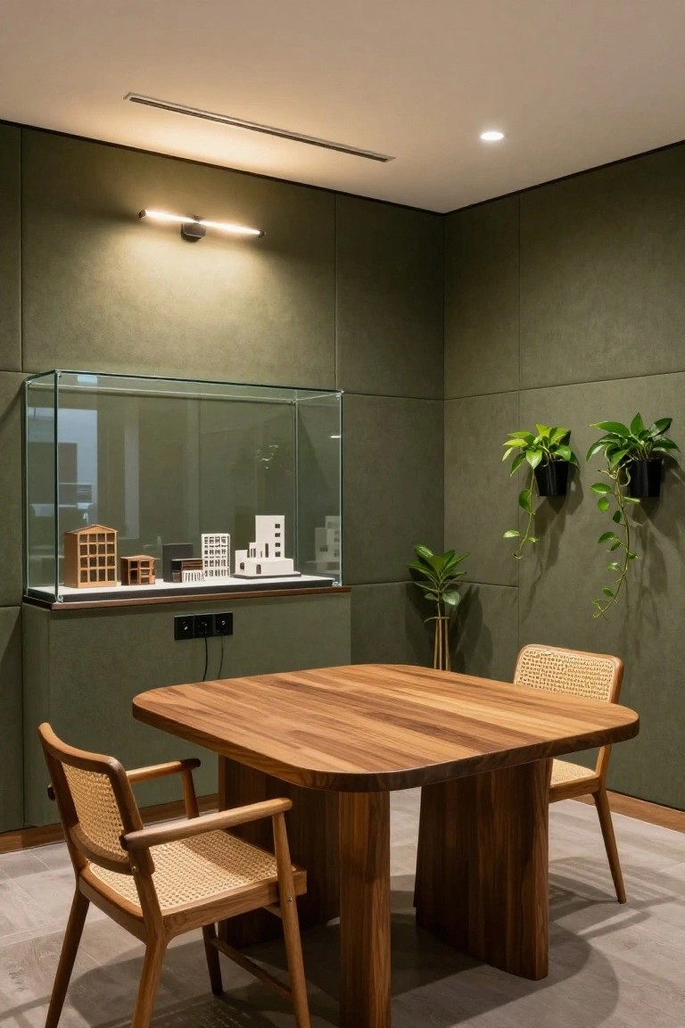 Green upholstered walls in a modern office corner with a glass display case of architectural models, square wooden table, and two rattan armchairs.