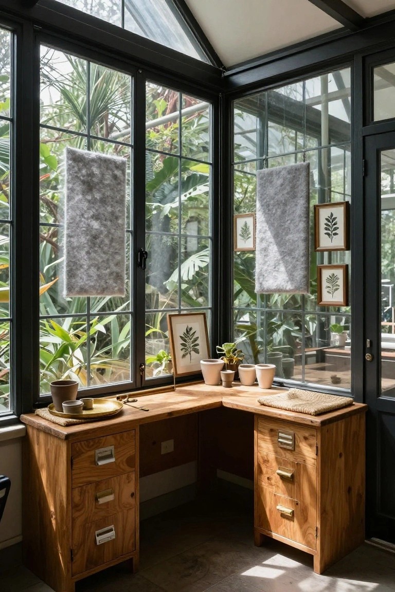 Wooden L-shaped corner desk with drawers and brass pulls positioned in a glass conservatory room surrounded by tropical plants and hanging wool pads on windows.
