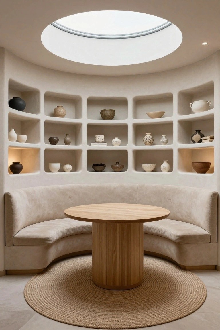 Curved plaster walls with built-in niches displaying pottery surround a beige banquette and central oak pedestal table on a seagrass rug under a circular skylight.