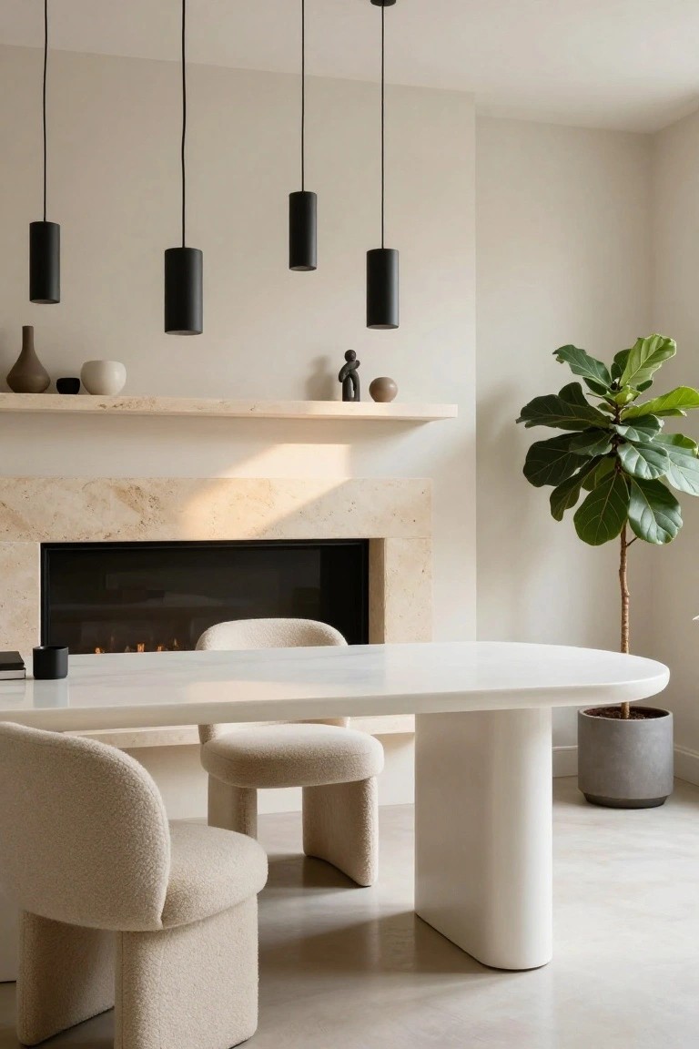 Modern interior with white oval table on curved legs, two cream boucle chairs, four black cylindrical pendant lights hanging above, beige stone fireplace, shelf with ceramics and small sculptures, fiddle leaf fig plant in gray pot, and white floor.