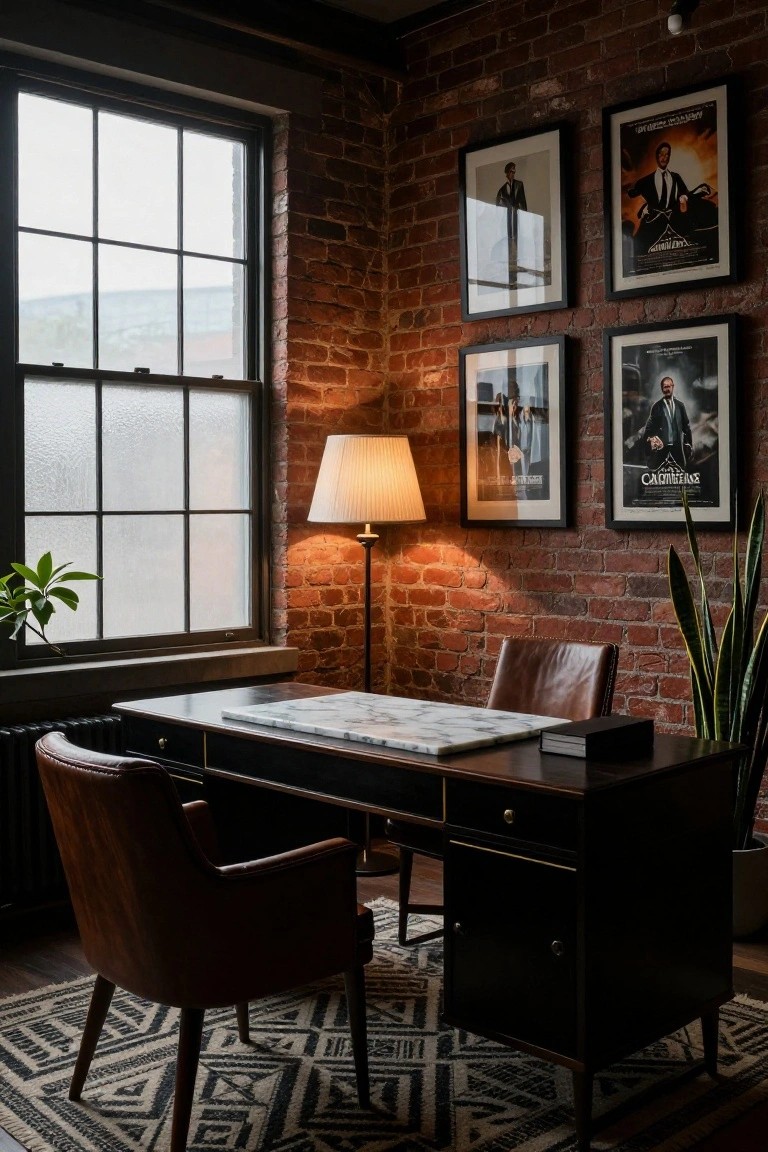 Home office interior with red exposed brick walls, dark wood desk topped with white marble, two brown leather armchairs, framed movie posters, a tall floor lamp, potted snake plant, and a large multi-pane window with frosted lower glass.