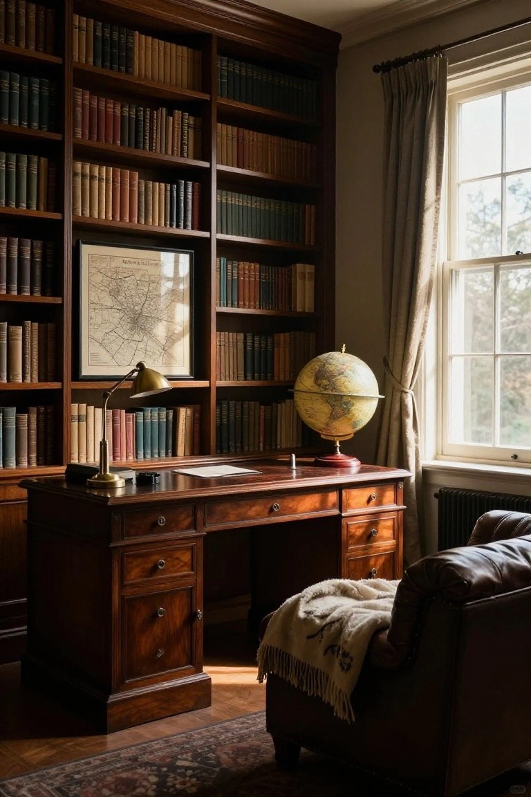 Wood-paneled home office with floor-to-ceiling bookshelves filled with books, mahogany desk with brass lamp and globe, leather armchair with throw blanket, framed map, and window with sheer curtain.