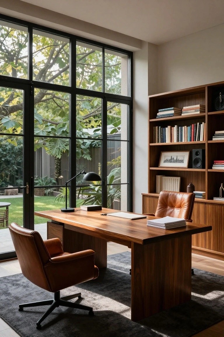 Home Office with Wood Desk and Garden Views