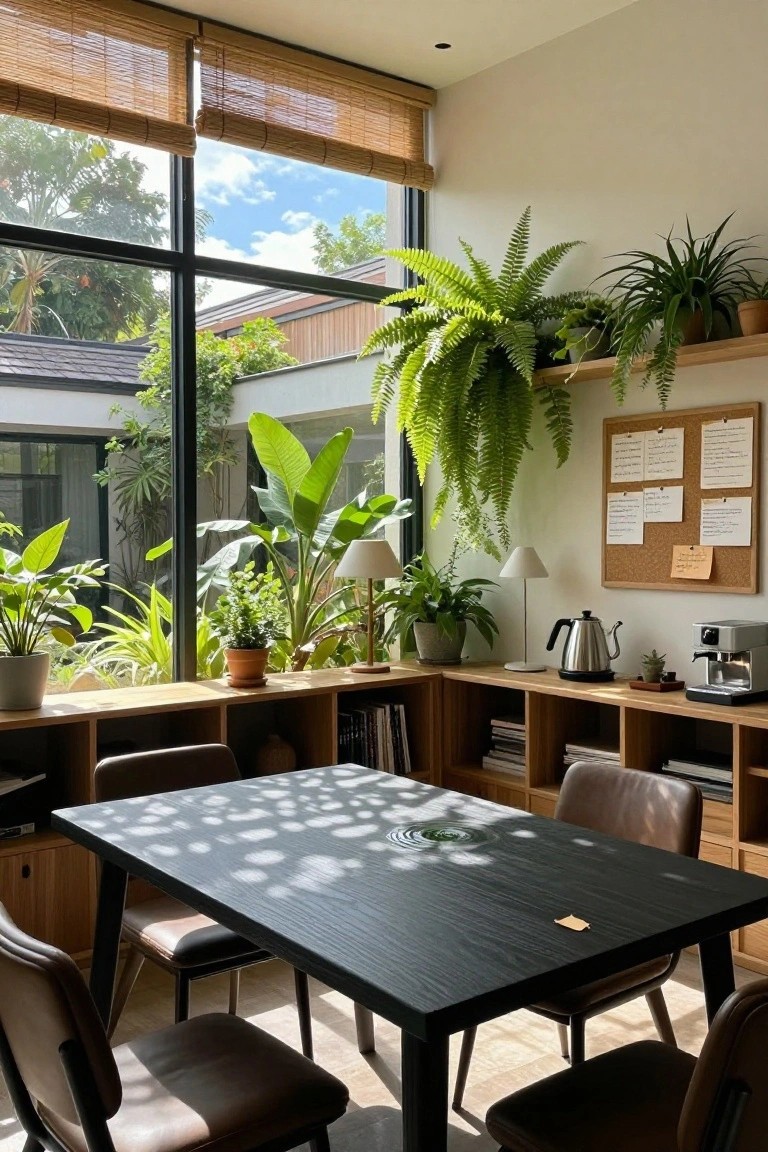 Bright office interior featuring a black rectangular table with leather chairs, wooden shelving units holding books and plants, large windows with bamboo blinds overlooking greenery, hanging ferns, potted palms, a corkboard with notes, kettle, and coffee machine.