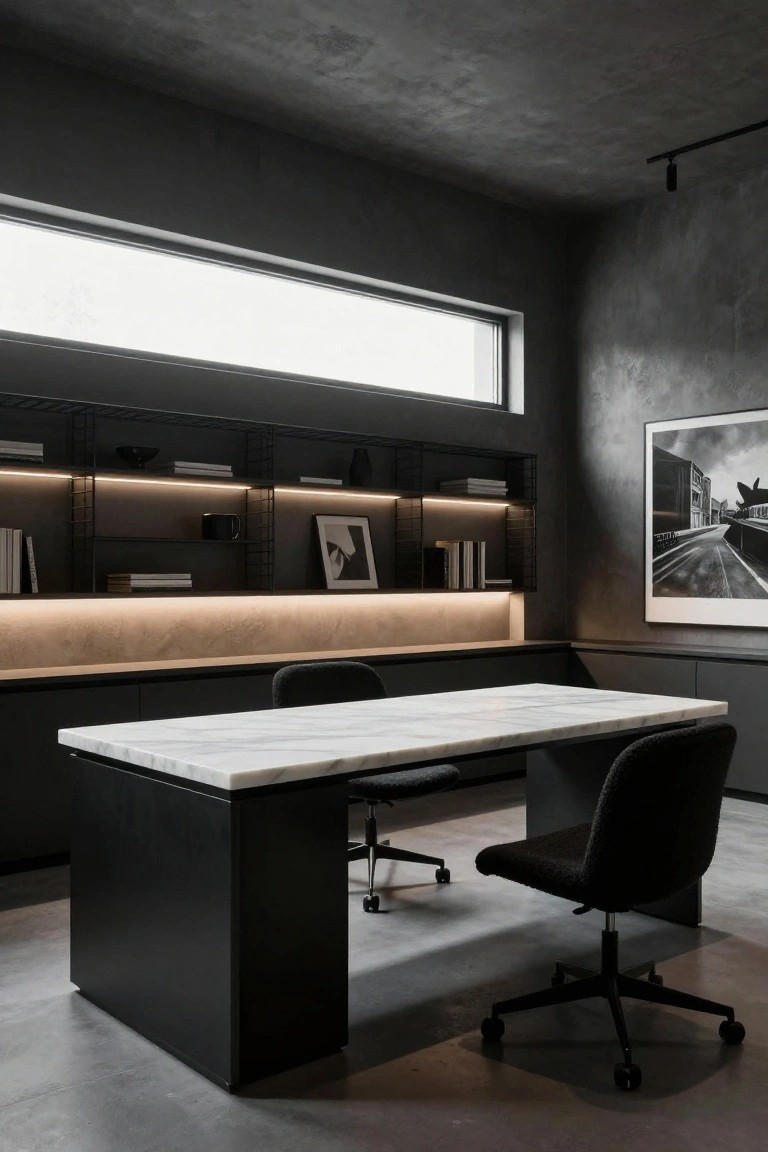 Modern office interior with large white marble desk top on black cabinet base, two black swivel chairs, black wireframe shelving with warm LED lighting, textured dark walls, and horizontal window.