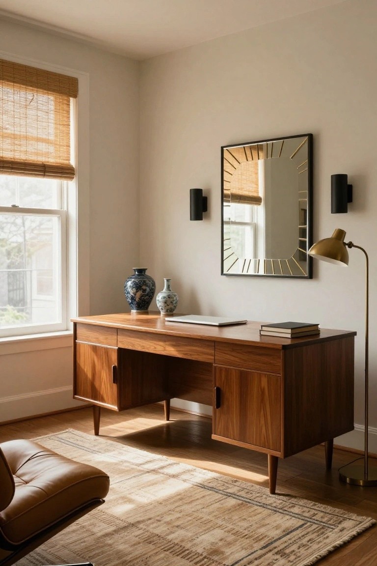 A light beige office room featuring a low mid-century wooden desk with drawers, a tan leather armchair, two ceramic vases on the desk, a large sunburst mirror on the wall, a bamboo window shade, and a gold desk lamp near a window.