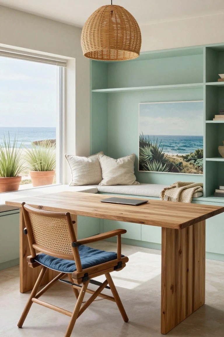 Home office featuring mint green built-in cabinets with shelves, wooden desk, rattan chair with blue cushion, window seat with pillows overlooking ocean and plants, and wall art of coastal scene.