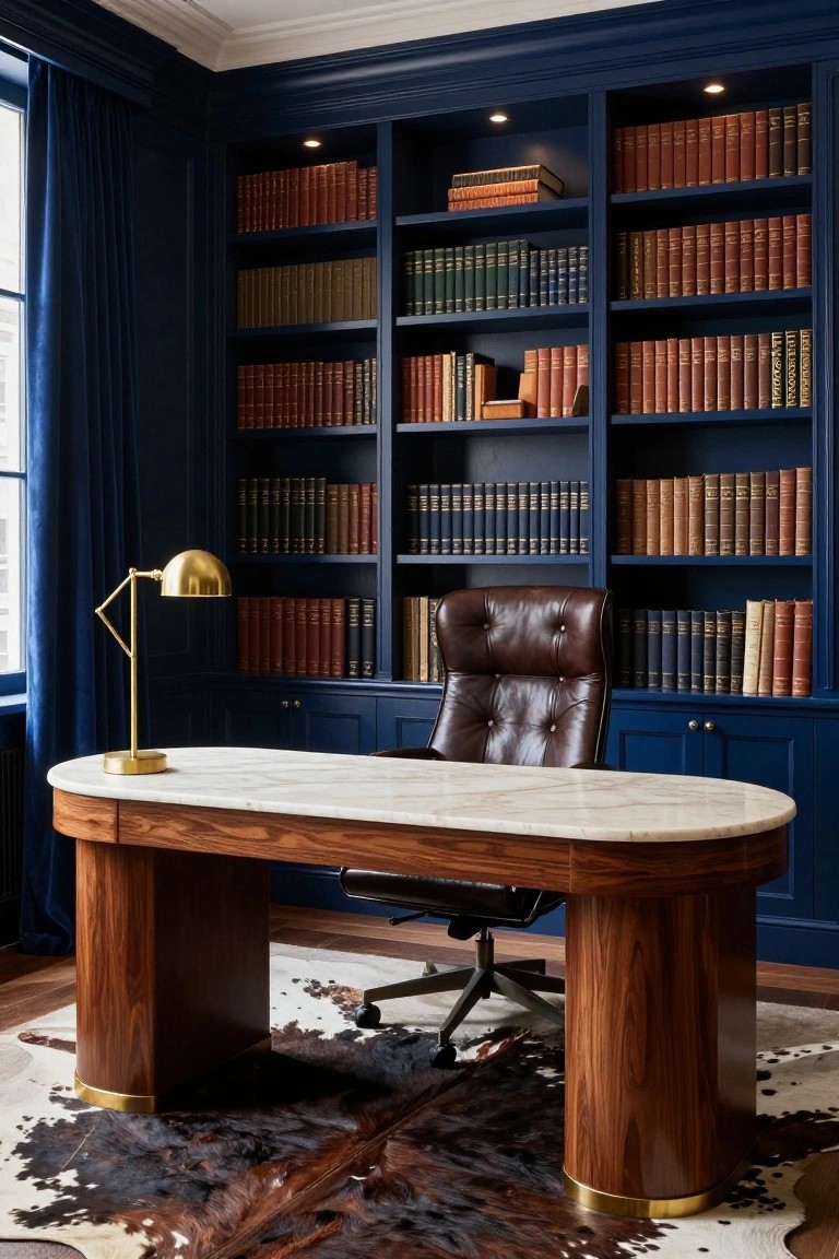 Corner home office with floor-to-ceiling navy blue built-in bookshelves filled with books, oval wooden desk with white marble top, brown leather high-back chair on wheels, gold desk lamp, and cowhide rug on wood floor.