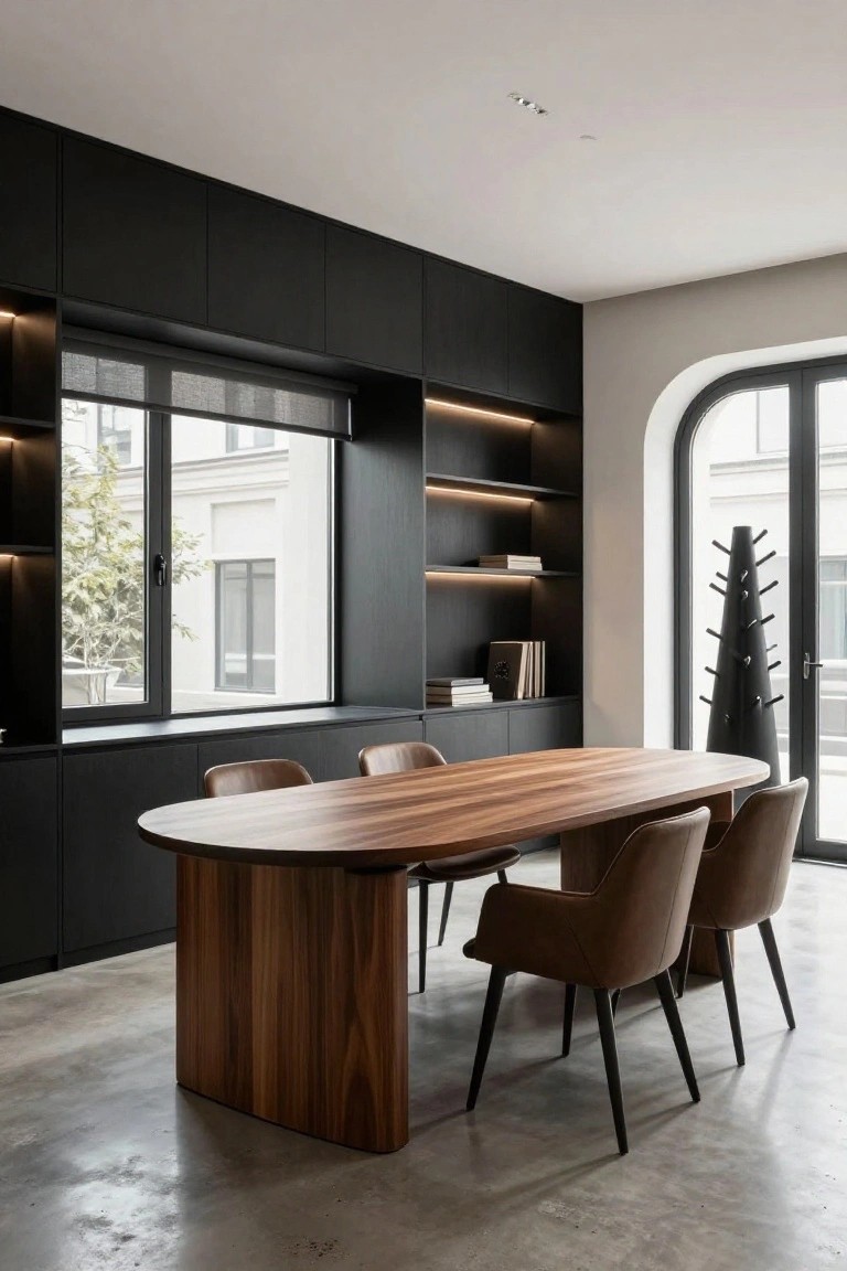 Modern office interior with a large oval wooden table and four brown leather chairs on a polished concrete floor, black built-in cabinetry with shelves and LED lighting along one wall, large windows with sheer blinds, and black arched doors.