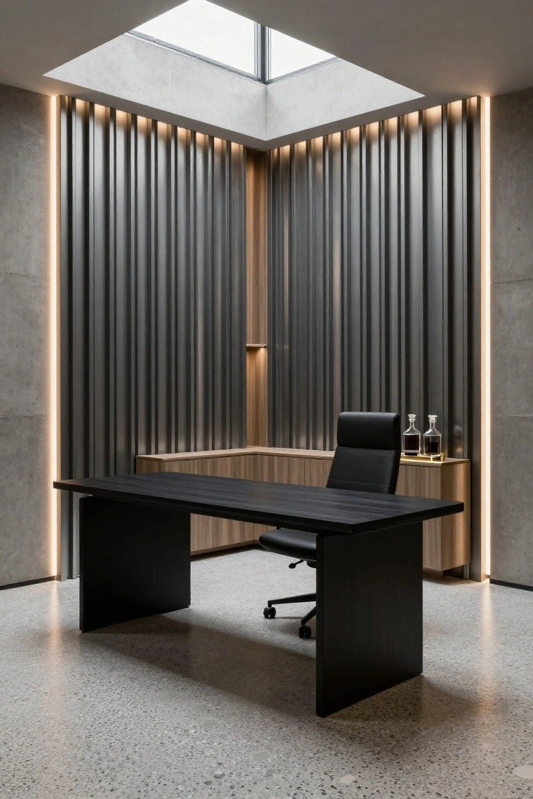 Modern office interior with black desk and leather chair centered on polished concrete floor, flanked by vertical slatted gray walls with integrated LED lighting strips, wooden side cabinet holding whiskey bottles, and skylight overhead.