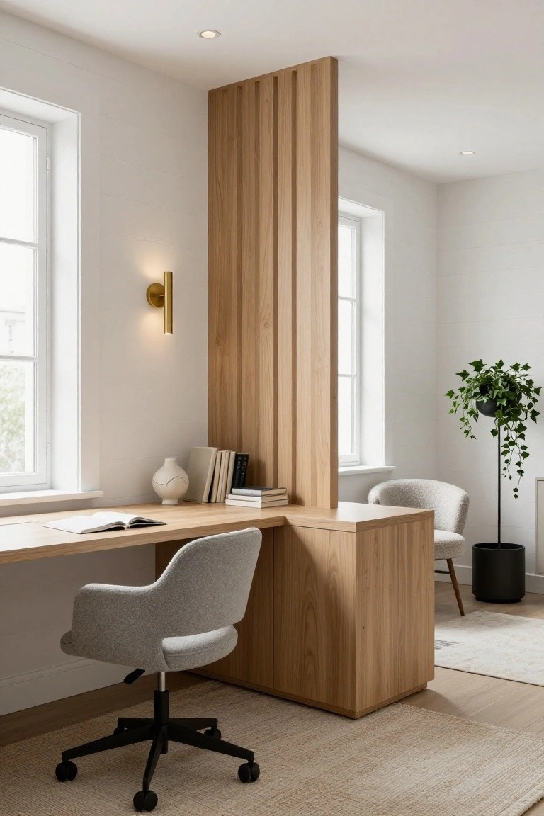 Modern home office with tall vertical slatted oak wood partition, integrated wooden desk holding an open book, light gray swivel chair, white vase, stacked books, potted ivy plant, and cream armchair against white walls with large windows.