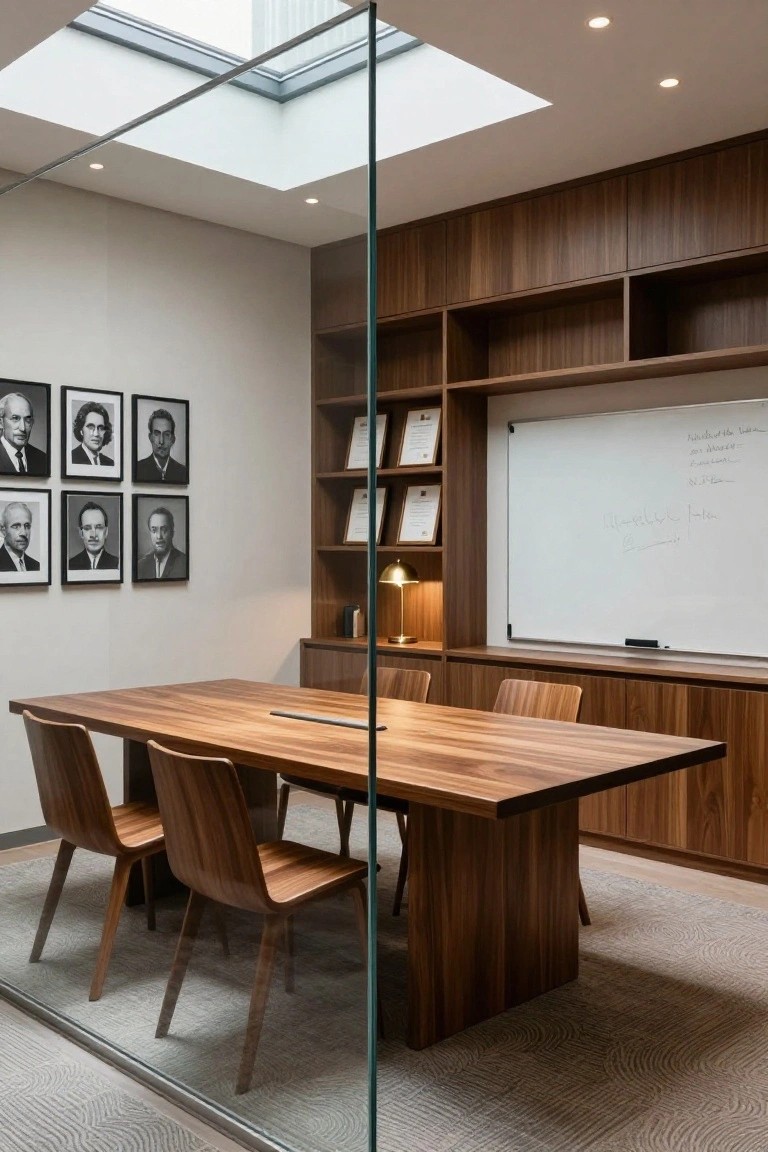 Modern director office interior with extensive walnut wood cabinetry and shelving, a matching wood conference table and chairs, glass partition and skylight, framed black-and-white portraits on the wall, and a whiteboard.
