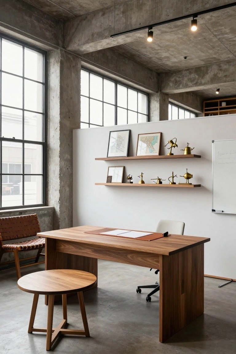 Modern office interior with exposed concrete ceiling and walls, large rectangular walnut desk, white leather office chair, round walnut side table, floating wood shelves with brass sculptures and framed art, whiteboard, and large metal-framed windows.