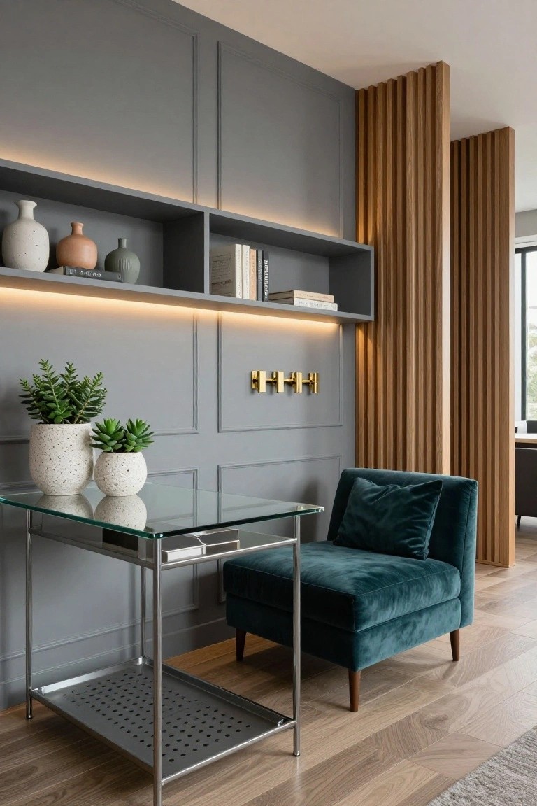Gray paneled wall with LED backlighting and built-in shelves holding vases and books, vertical wood slat screen partition, glass-top metal desk with potted succulents, emerald green velvet armchair, and wooden floor in a modern interior.