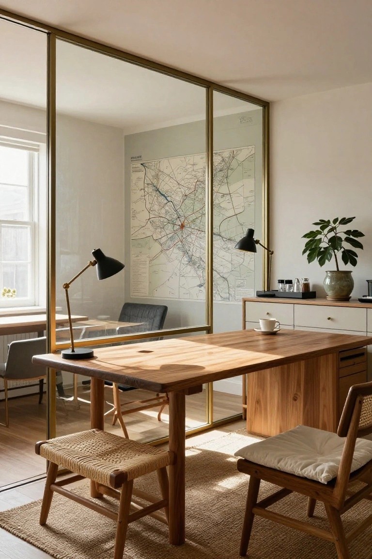 Bright office interior with a large rectangular wooden desk, two adjustable black desk lamps with brass arms, a framed city map on a pale wall, potted plant on cabinets, rattan stool and chairs, and glass partition doors.