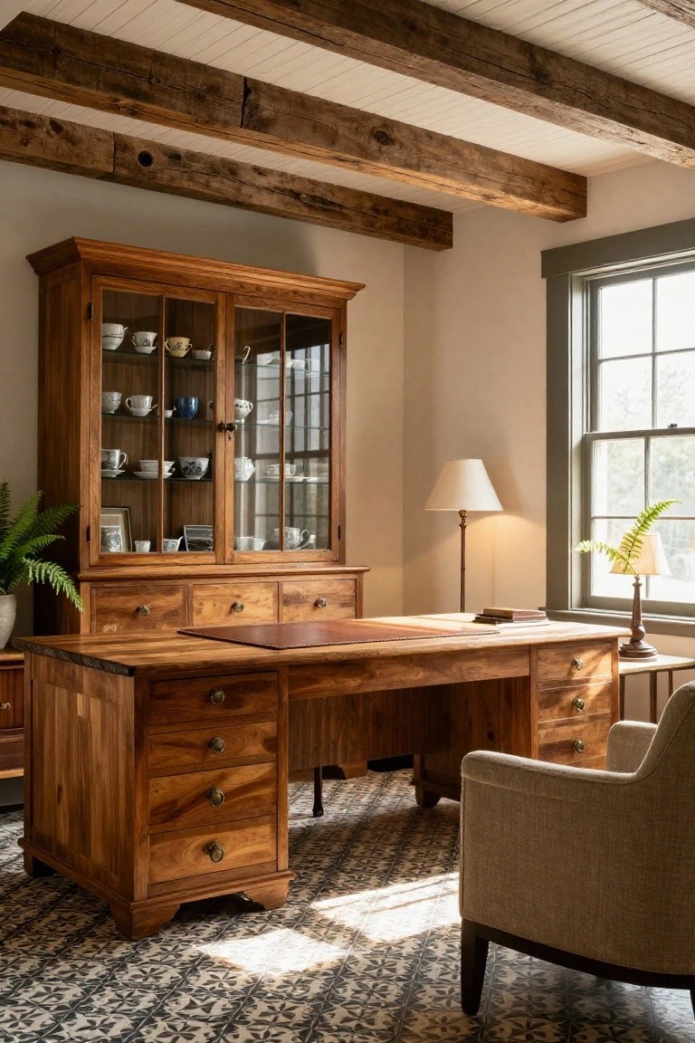 Home office interior with large wooden desk featuring leather inset and pedestal drawers, adjacent wooden cabinet displaying white cups and saucers, exposed wooden ceiling beams, upholstered armchair, table lamp, potted fern, and window with sheer curtains.
