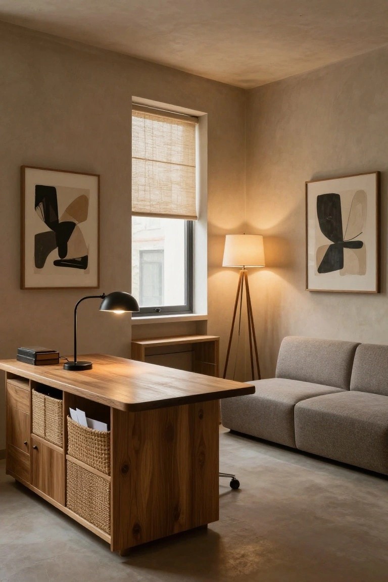 Beige interior office with central light wood desk on casters having lower cabinets, rattan basket inserts, black gooseneck desk lamp, adjacent wood side table, tripod floor lamp, two framed abstract black and beige prints on walls, bamboo blind on window, and low gray modular sofa.