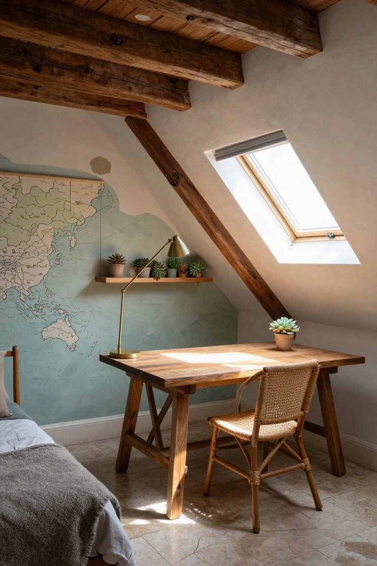 Attic interior with exposed wooden beams on white walls, a wooden desk and rattan chair, potted succulents on shelves, a world map mural, and a bed nearby under a skylight.