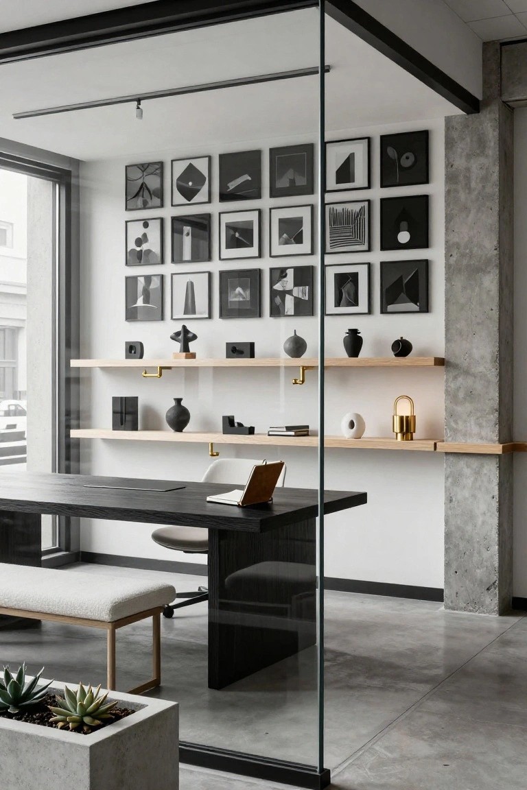Modern office with glass partition, black wood desk, white chair, white walls displaying grid of black-framed abstract black and white art, floating wooden shelves with black and white sculptures and vases, concrete pillar, and potted succulents on concrete floor.