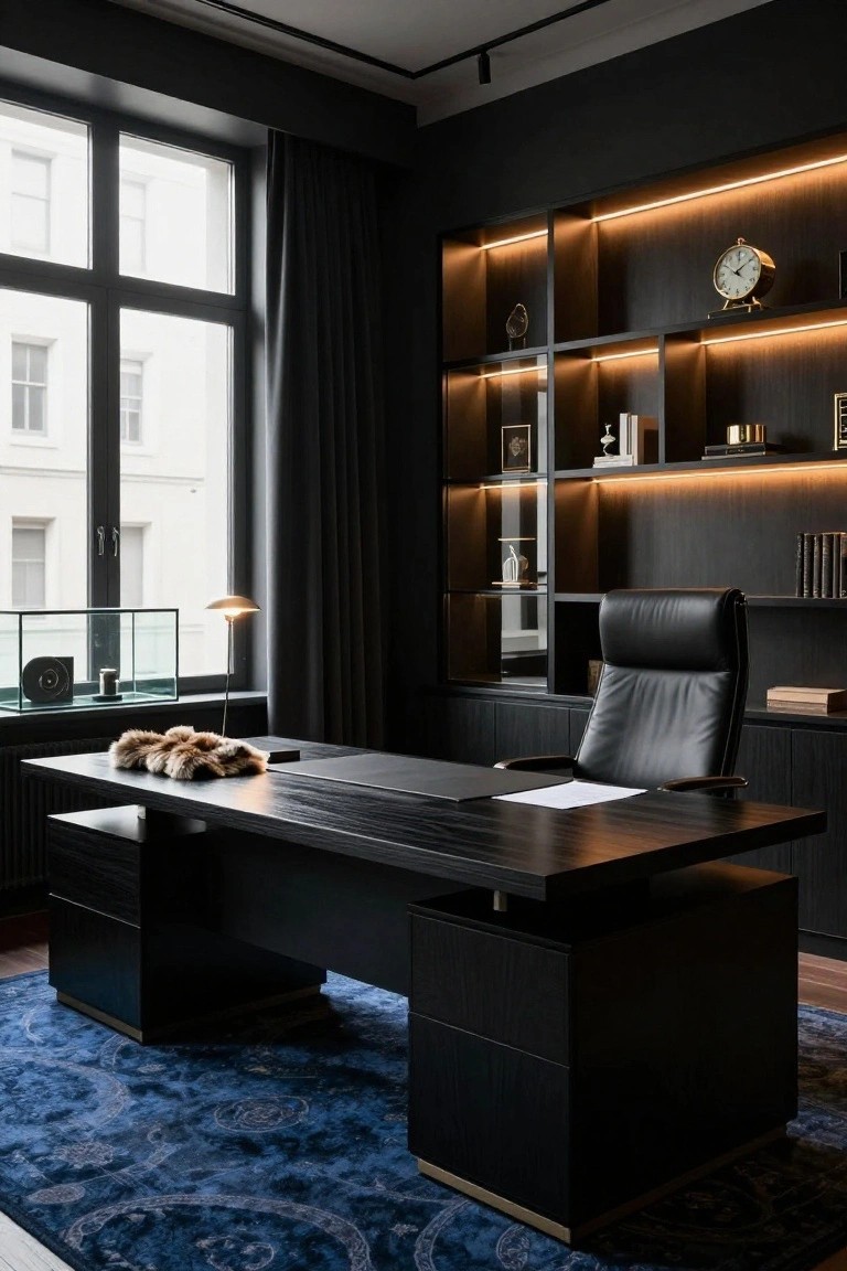 A dark-toned home office with black wooden desk and pedestals, black leather chair, built-in shelving units with warm LED backlighting, glass display cases, and a blue patterned rug.
