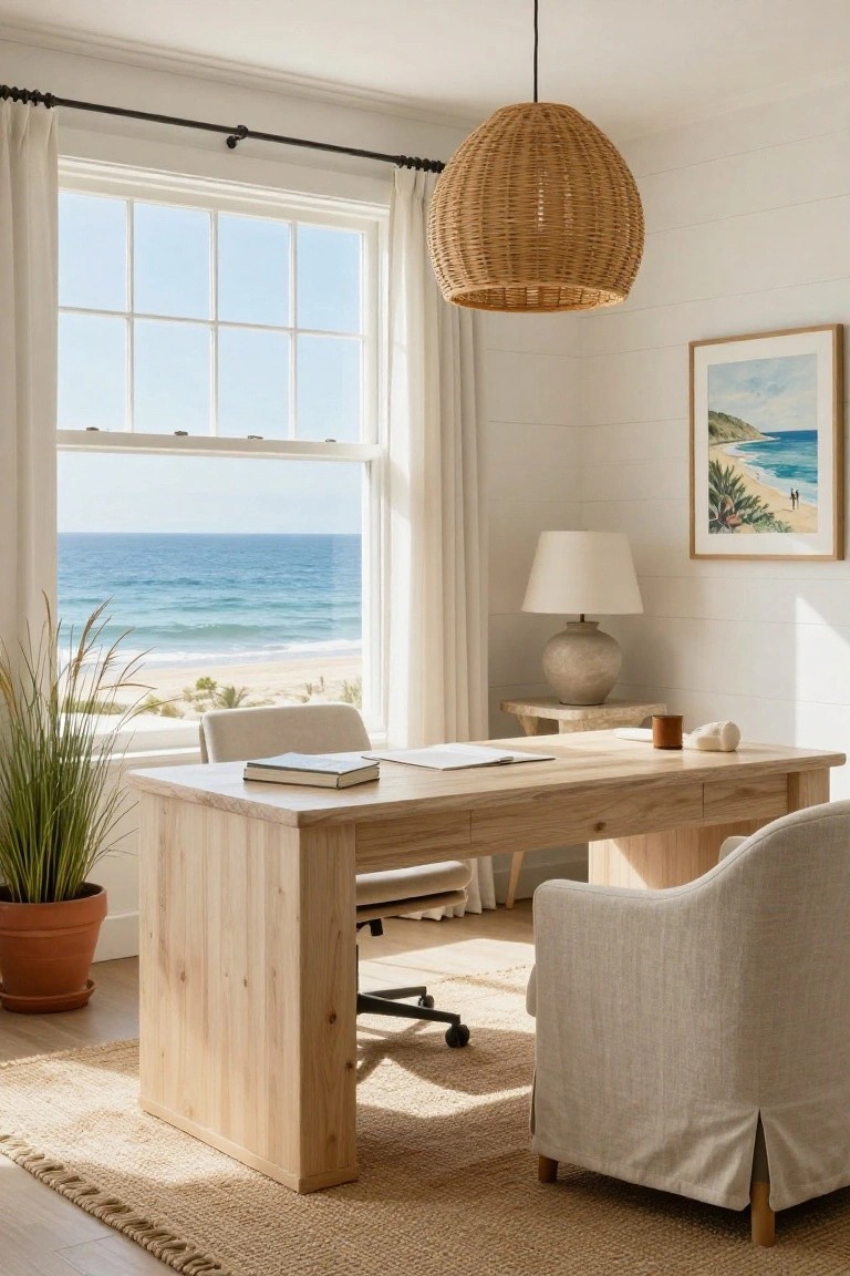 Home office interior with large rectangular wooden desk and upholstered chair facing multi-pane window overlooking ocean beach and dunes, rattan pendant light overhead, pampas grass in terracotta pot, side table with lamp and mug, and framed beach painting on white shiplap wall.