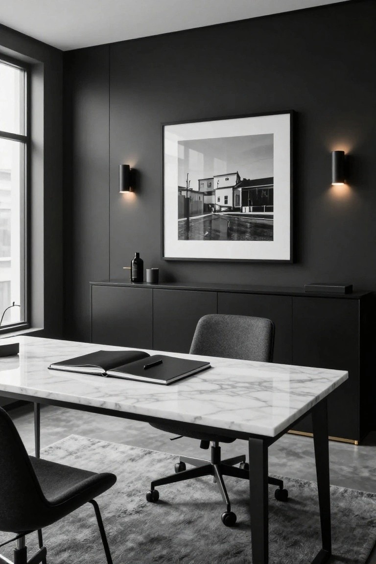 Modern office interior with dark charcoal paneled walls, white marble desk holding an open notebook and pen, black credenza, two gray upholstered chairs, and large black-and-white architectural photo flanked by wall lights.