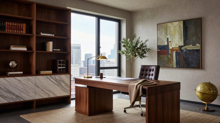 Modern office interior with large walnut wood desk, tufted brown leather chair on wheels, tall matching bookshelves with books, potted olive tree, brass architect lamp, globe, abstract painting, and floor-to-ceiling windows showing city skyline.