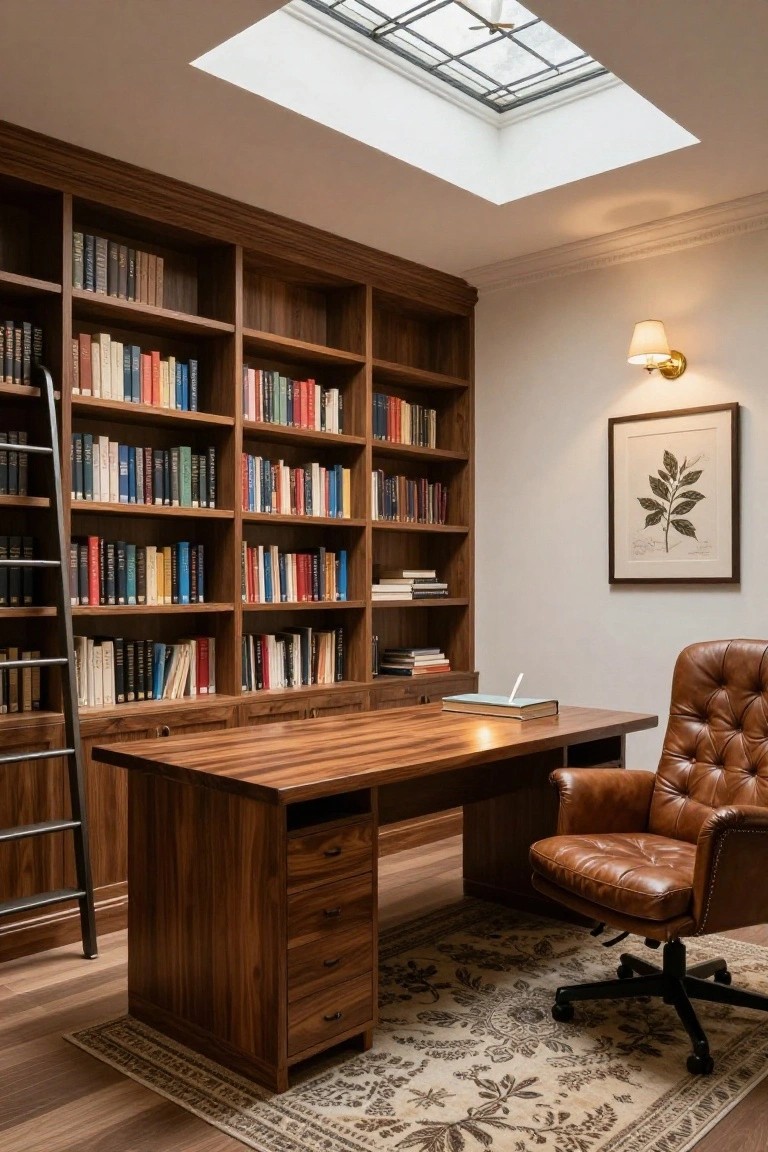 Home office with floor-to-ceiling wooden bookshelves filled with books, metal rolling ladder, wooden desk with drawers, tan leather tufted chair, skylight overhead, wall lamp, botanical print on wall, and patterned rug on wood floor.